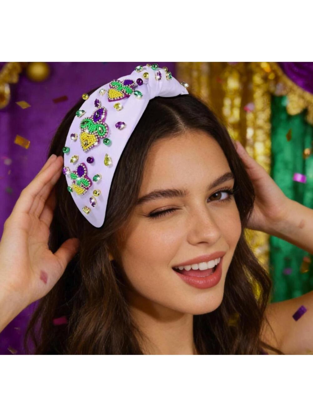 💜💚💛 Mardi Gras Rhinestone Knotted Headband Fleur De Lis NOLA